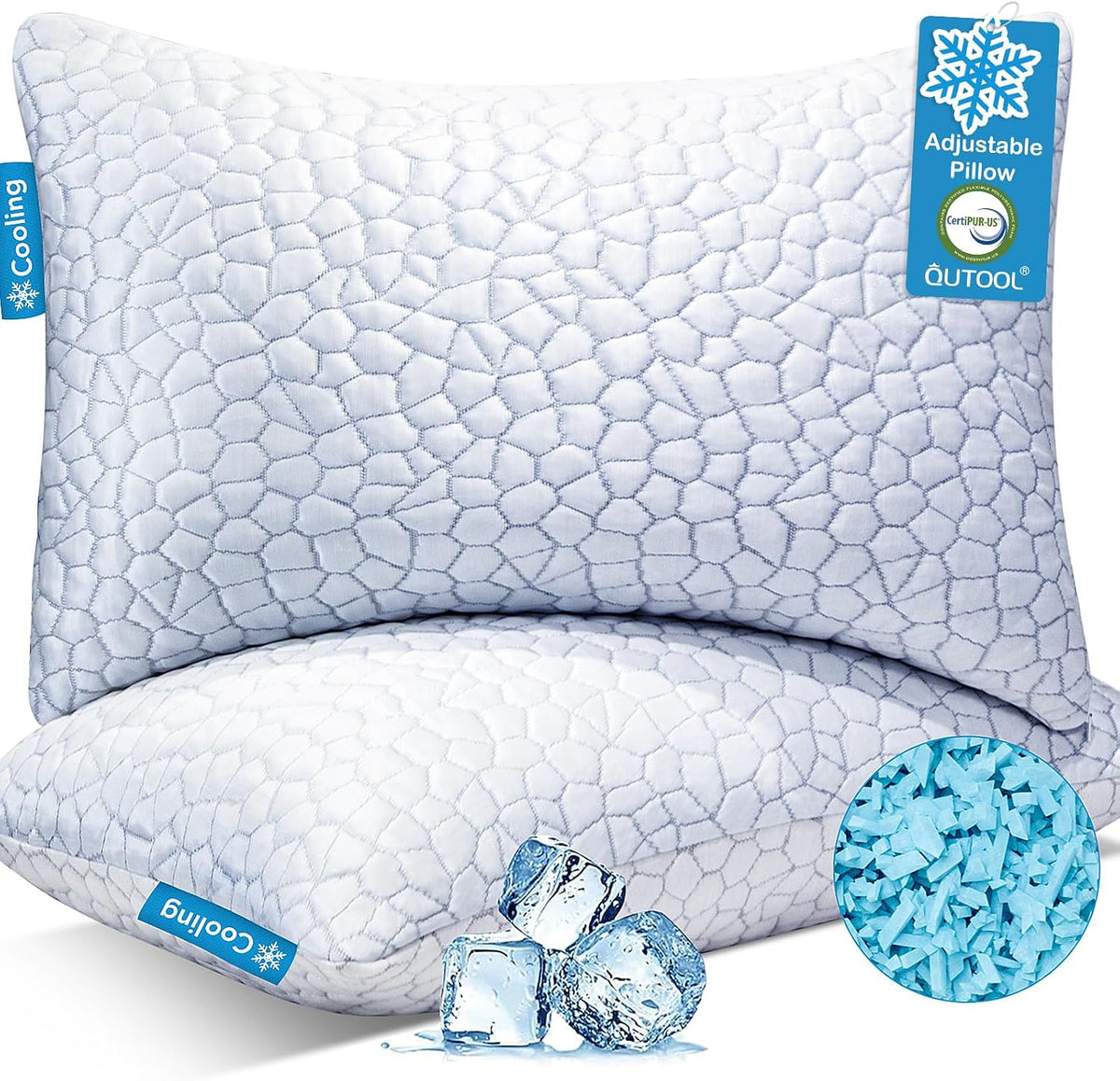 QUTOOL Juego de 2 almohadas refrescantes de espuma viscoelástica triturada CertiPUR-US, tamaño Queen, almohada fresca para personas que duermen con calor, almohada firme ajustable para personas que