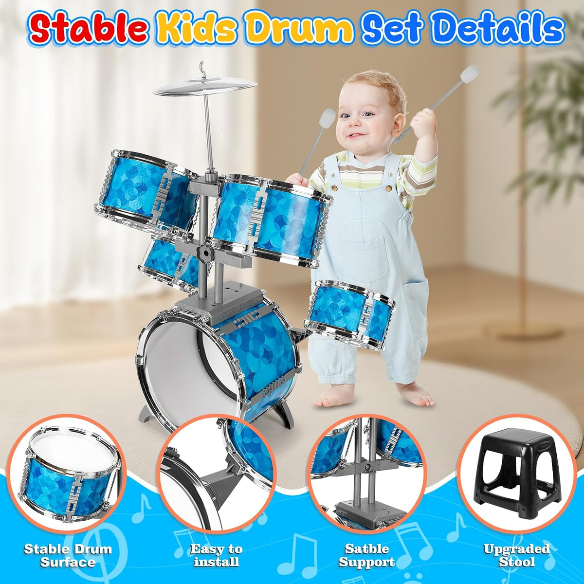 Juego de batería para niños de 5 piezas para niños pequeños de 3 a 5 años, juego de batería para niños pequeños de 5 a 7 años, juguetes de instrumentos musicales, juguetes de percusión, cumpleaños para niños de 3, 4, 5, 6, 7, 8 años, niños y niñas