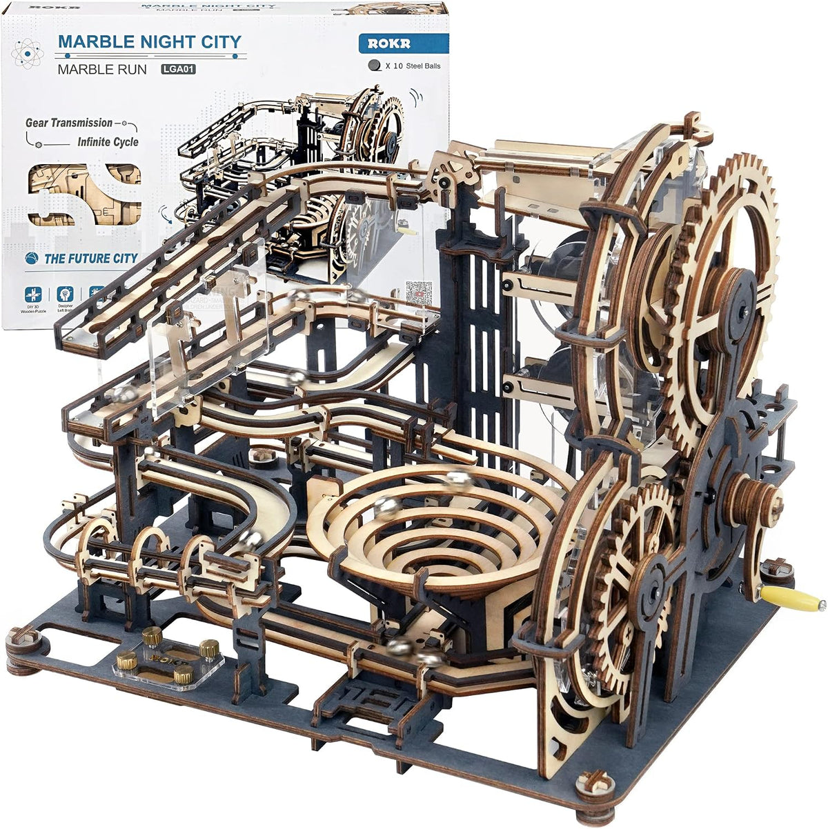 ROKR Rompecabezas de madera 3D para adultos, kit de construcción de modelo de carrera de canicas (LGA01 Marble Night City)