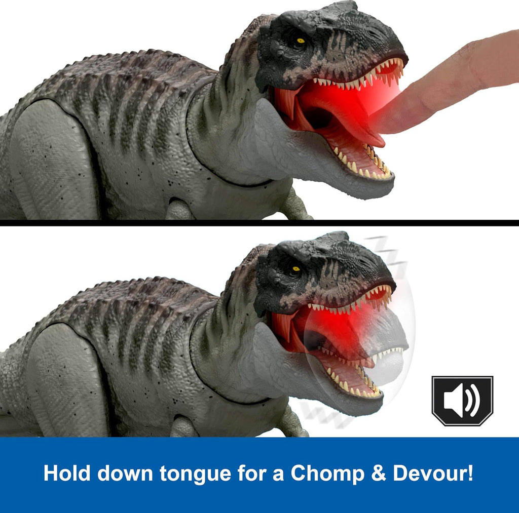 Mattel Jurassic World Rebirth Power Devour - Figura de dinosaurio Tiranosaurio Rex con mordida constante activada por la lengua, luces y sonidos, juego digital