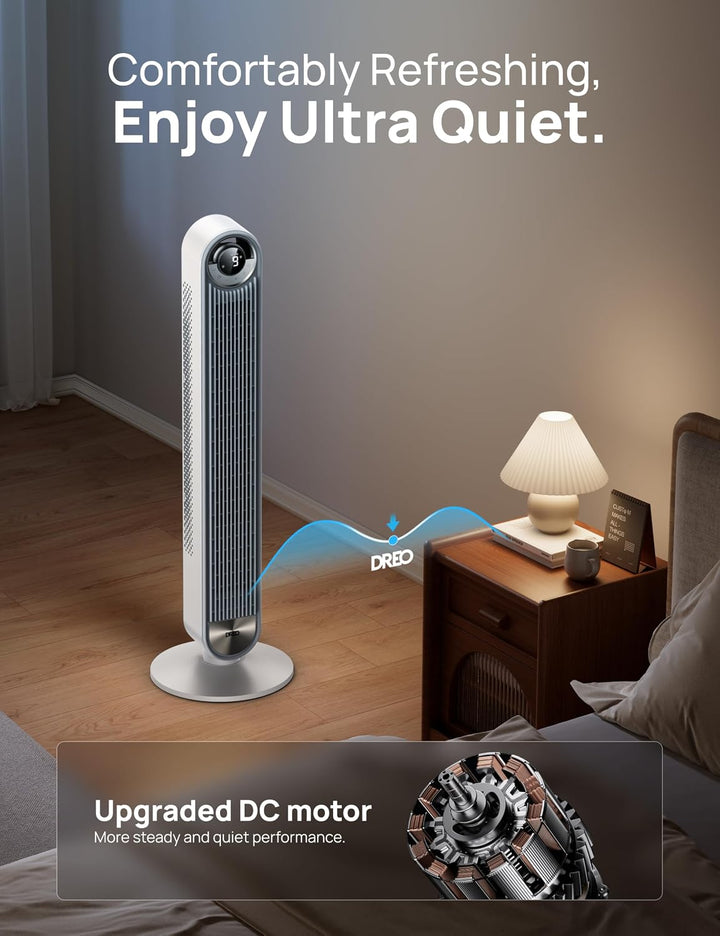 DREO Ventilador de torre para dormitorio, velocidad CC mejorada de...