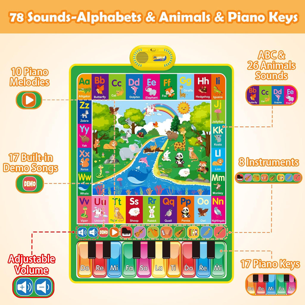 Juguetes para bebés para regalos de 1 año: tapete de juego de música de piano animal con alfabeto 3 en 1