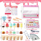 Juego de mesa de madera para contador de helados para niñas pequeñas, tienda de juegos, juguete de simulación, accesorios de cocina con dinero y moneda falsos, regalos de cumpleaños de Navidad para niños de 3 años en adelante (rosa)