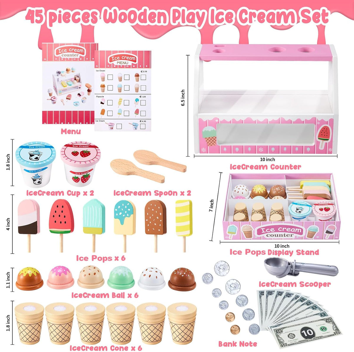 Juego de mesa de madera para contador de helados para niñas pequeñas, tienda de juegos, juguete de simulación, accesorios de cocina con dinero y moneda falsos, regalos de cumpleaños de Navidad para niños de 3 años en adelante (rosa)