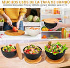 Juego de 3 cuencos de ensalada de fibra de bambú natural con tapas, tazón para preparar y servir ensalada, cereales, frutas, verduras, palomitas de maíz, papas fritas y pan (10, 8, 6 pulgadas)