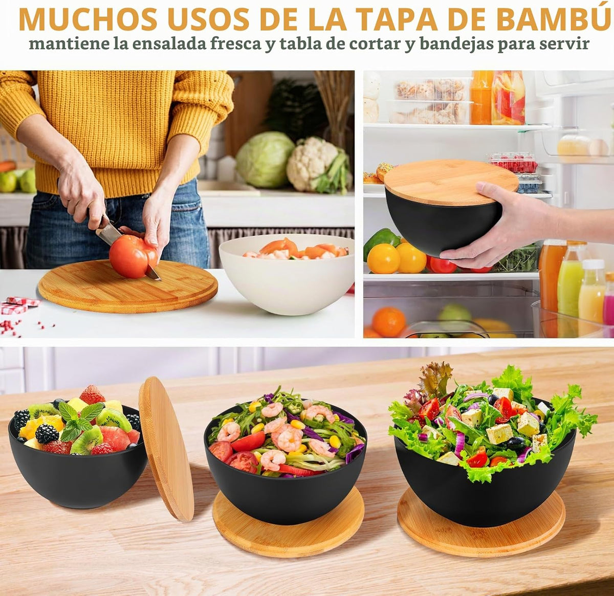 Juego de 3 cuencos de ensalada de fibra de bambú natural con tapas, tazón para preparar y servir ensalada, cereales, frutas, verduras, palomitas de maíz, papas fritas y pan (10, 8, 6 pulgadas)