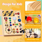 Tablero de actividades con interruptores de luz LED, juguetes Montessori para niños de 1, 2, 3 años, tablero de actividades sensoriales de madera para niños pequeños, juguetes de viaje para niños y niñas de 1 año o más, regalo de cumpleaños