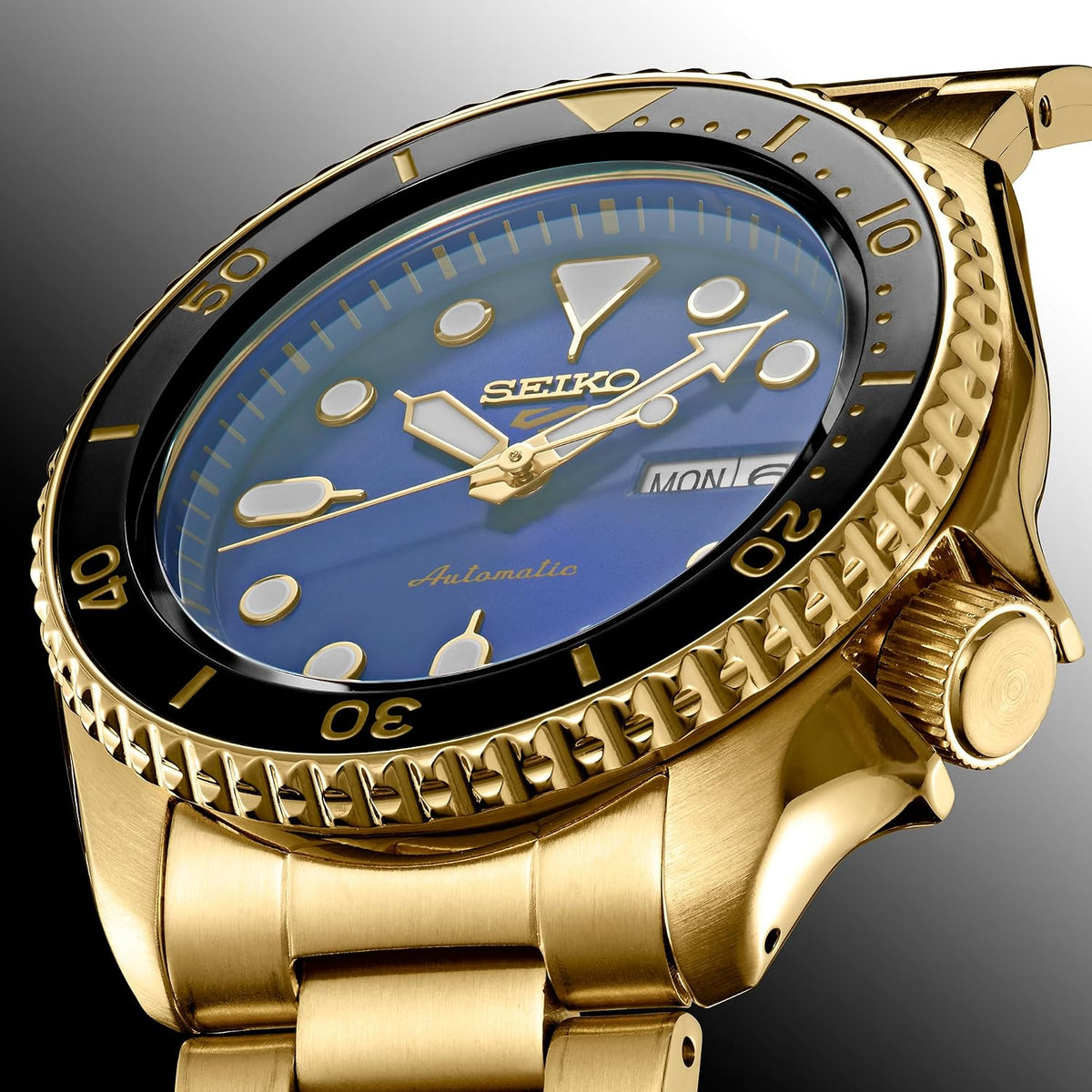 SEIKO Reloj automático para hombre - Colección 5 Sports - Reloj deportivo para hombre con acabado dorado de acero inoxidable - Resistente al agua 100M
