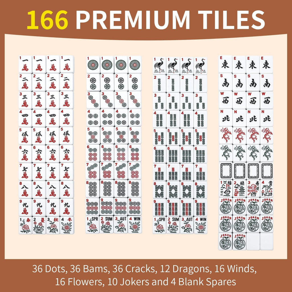 Juego de mahjong americano premium con funda de piel sintética de lujo marrón, 166 azulejos blancos, incluye fichas y dados, juego de azulejos Mahjong portátil de viaje completo