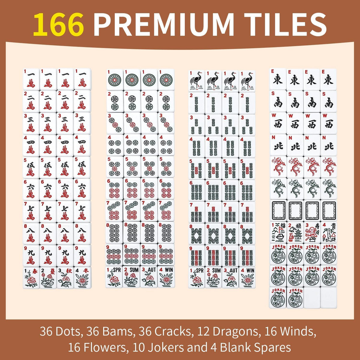 Juego de mahjong americano premium con funda de piel sintética de lujo marrón, 166 azulejos blancos, incluye fichas y dados, juego de azulejos Mahjong portátil de viaje completo