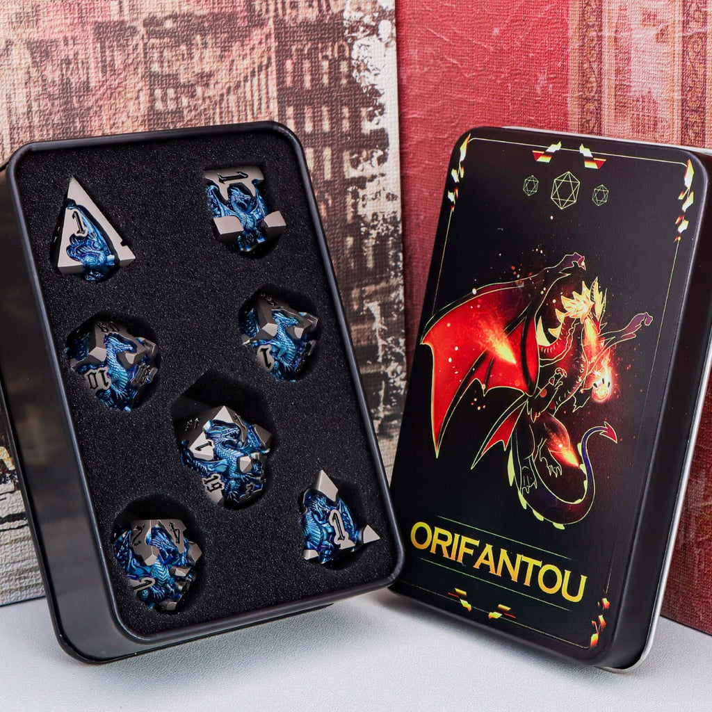Juego de dados DND de dragones 3D con caja de regalo, dados D y D de metal para uso con juegos de rol D&D, juego de dados poliédricos de mazmorras D20 D12 D10 D8 D6 D4 (negro azul)