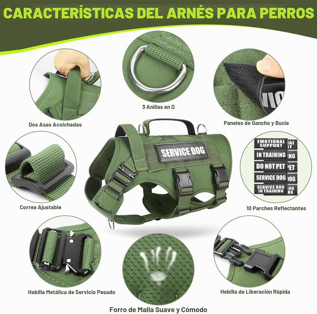 Arnés tipo chaleco para perro de servicio para perro grande, chaleco táctico MOLLE con 10 parches para mascotas, arnés resistente sin tirones para entrenamiento y caminatas