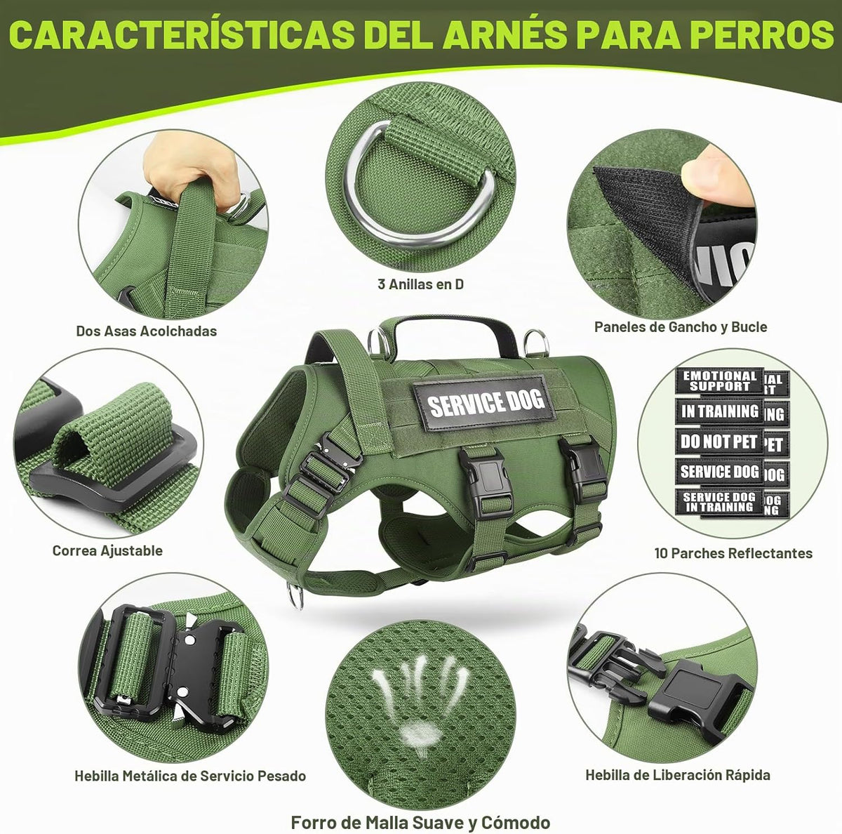 Arnés tipo chaleco para perro de servicio para perro grande, chaleco táctico MOLLE con 10 parches para mascotas, arnés resistente sin tirones para entrenamiento y caminatas