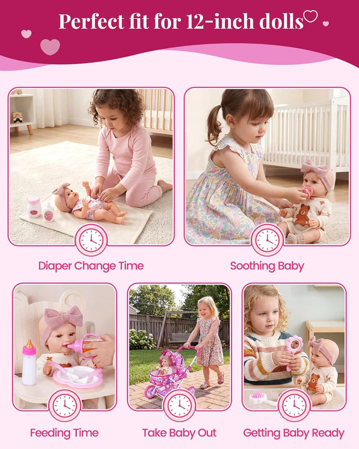 BABESIDE Juego de cochecito de muñeca de bebé, 10 piezas portátil c...