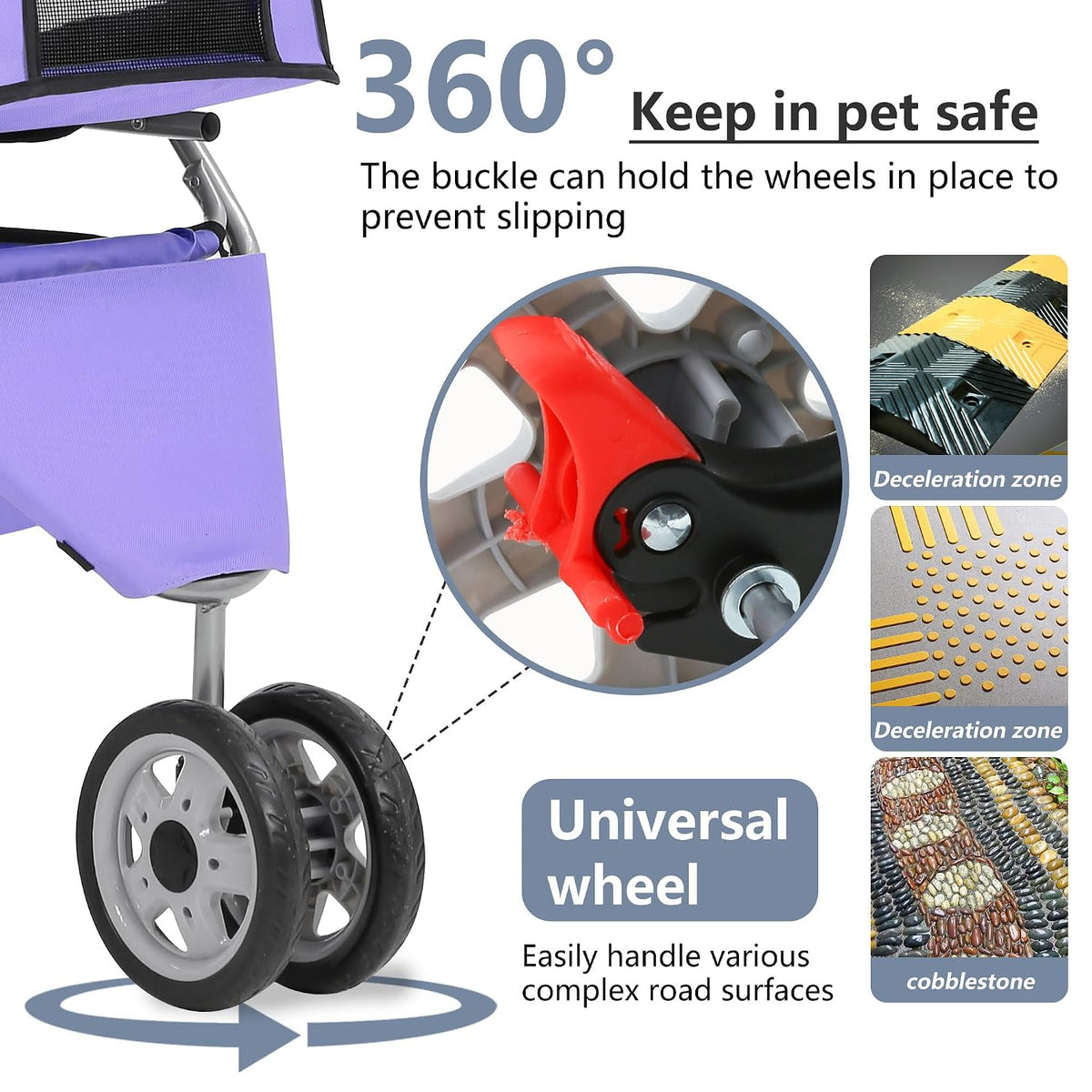 FDW Carriola para mascotas de 3 ruedas, plegable y duradera, para gatos y perros, con forro lavable, canasta de almacenamiento y portavasos, color púrpura