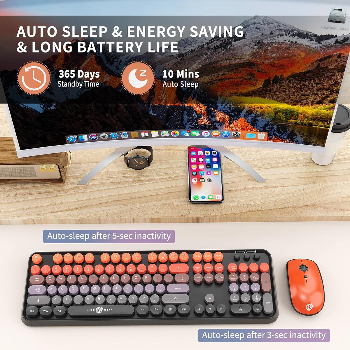 FOPETT Combo de teclado y mouse inalámbricos, 2.4G de tamaño comple...