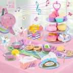 Juego de fiesta de té para niños de 3 a 5 años, juego de té musical de 53 piezas para niñas pequeñas con postres, galletas, donas, pastel, soporte para pastel, mantel y estuche de transporte, juguetes