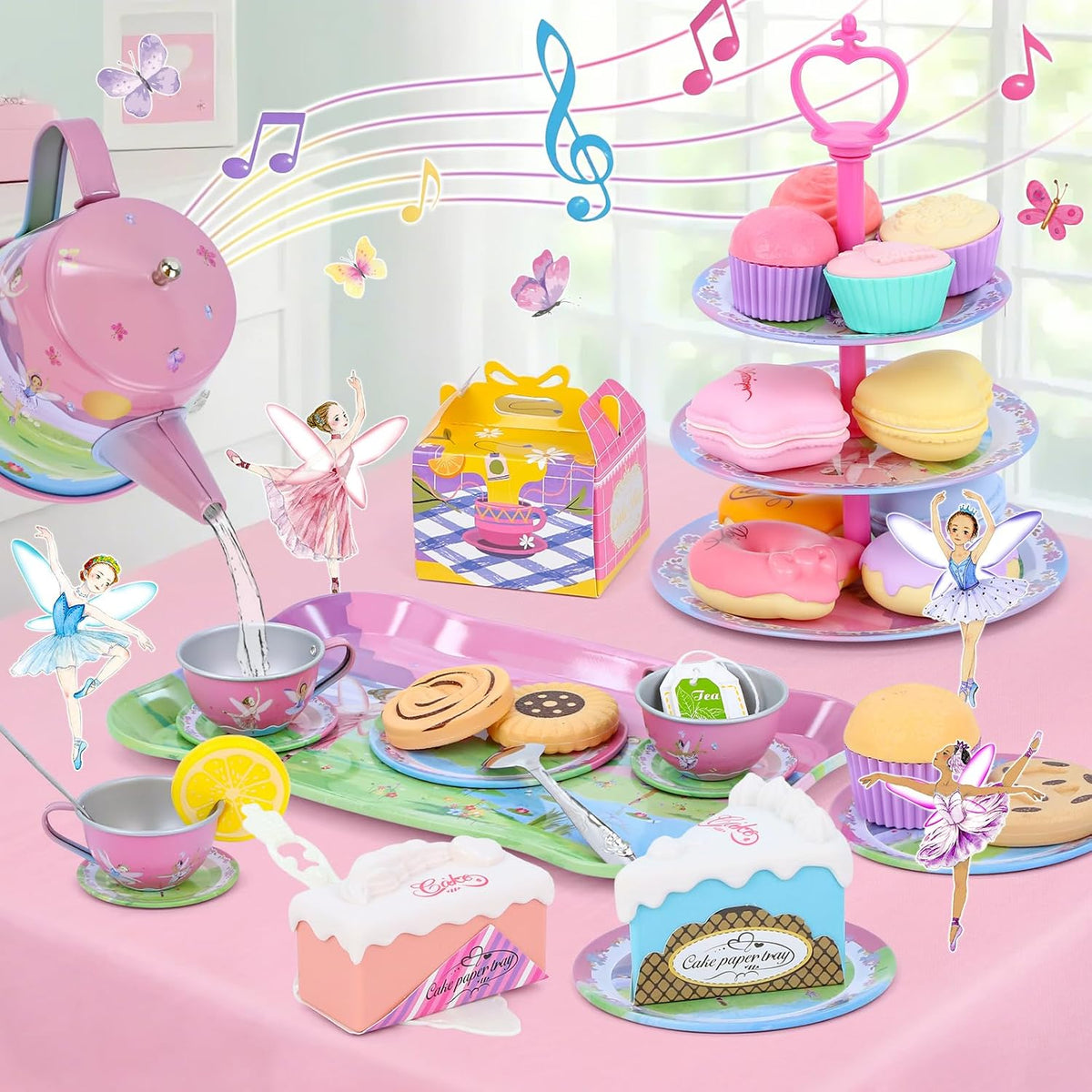 Juego de fiesta de té para niños de 3 a 5 años, juego de té musical de 53 piezas para niñas pequeñas con postres, galletas, donas, pastel, soporte para pastel, mantel y estuche de transporte, juguetes