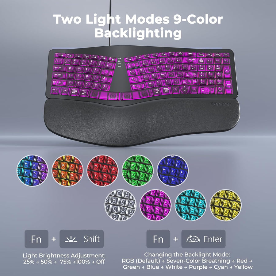 MEETION Teclado ergonómico con cable, retroiluminación transparente...