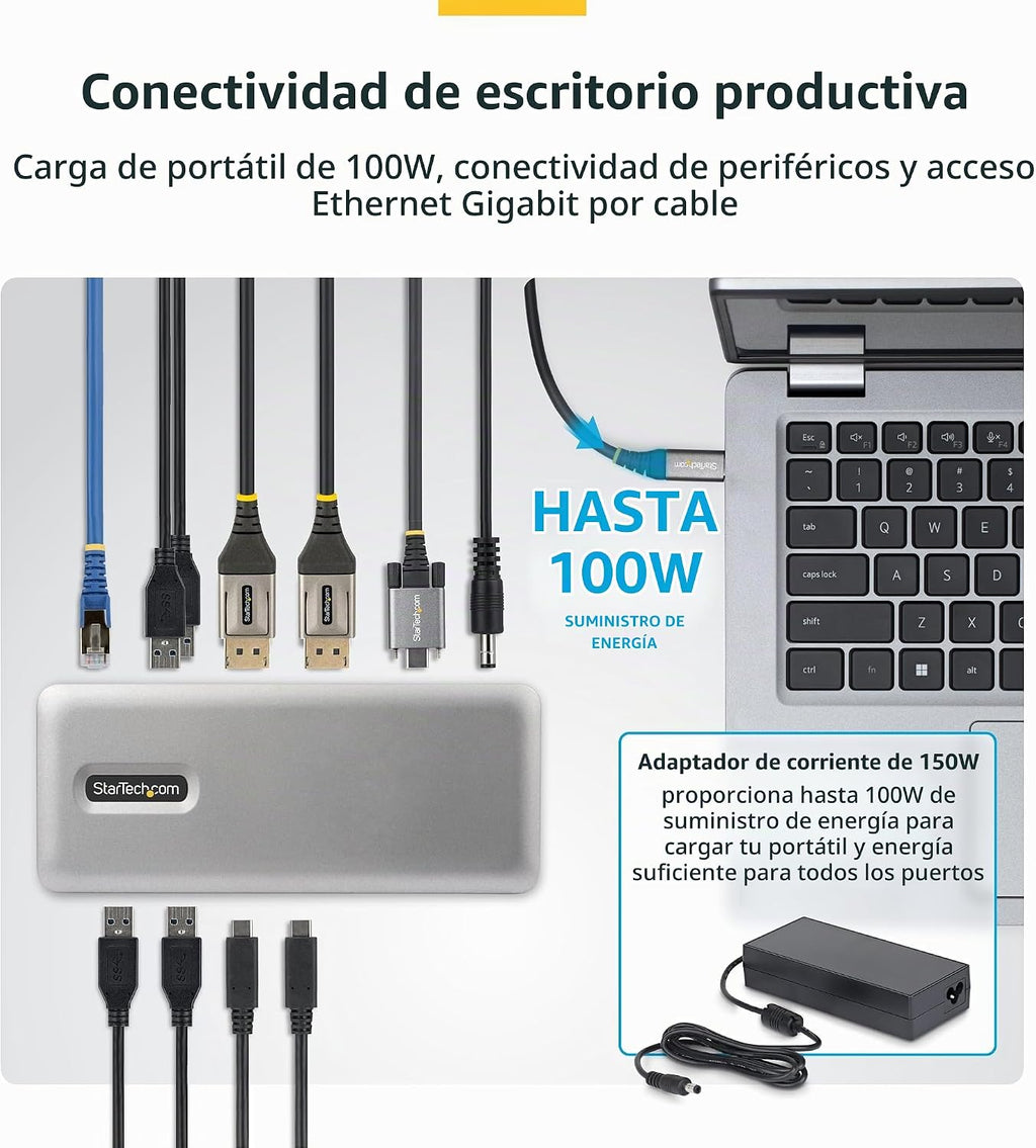 StarTech Dock USB-C Dual 4K 60Hz DisplayPort sin controladores, 100W, GbE, BYOD