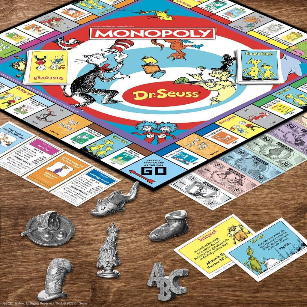 Monopoly: Dr. Seuss | Compra y vende libros | Juego clásico coleccionable de monopolio con tablero de juego personalizado y obras de arte | Juego y mercancía con licencia oficial