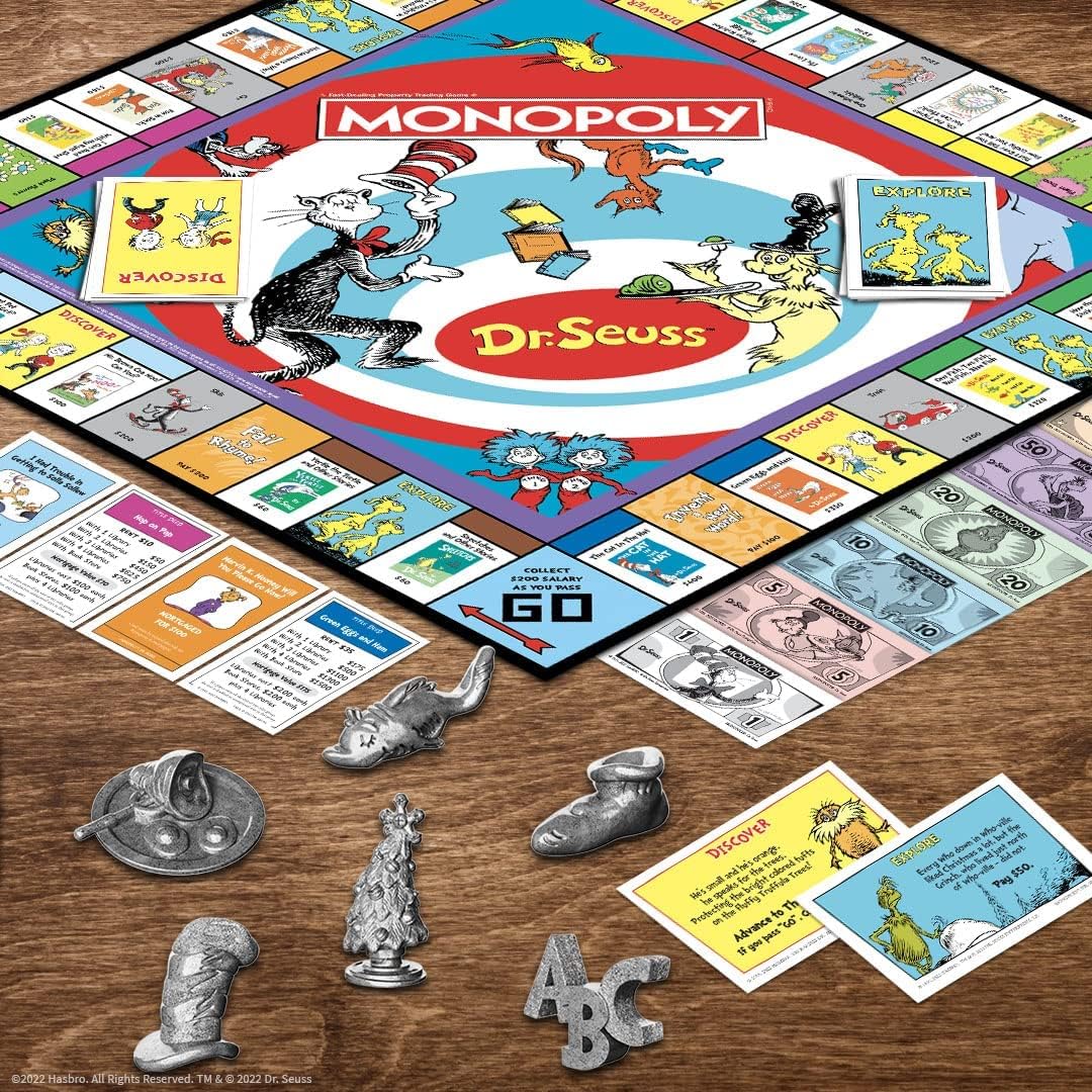 Monopoly: Dr. Seuss | Compra y vende libros | Juego clásico coleccionable de monopolio con tablero de juego personalizado y obras de arte | Juego y mercancía con licencia oficial