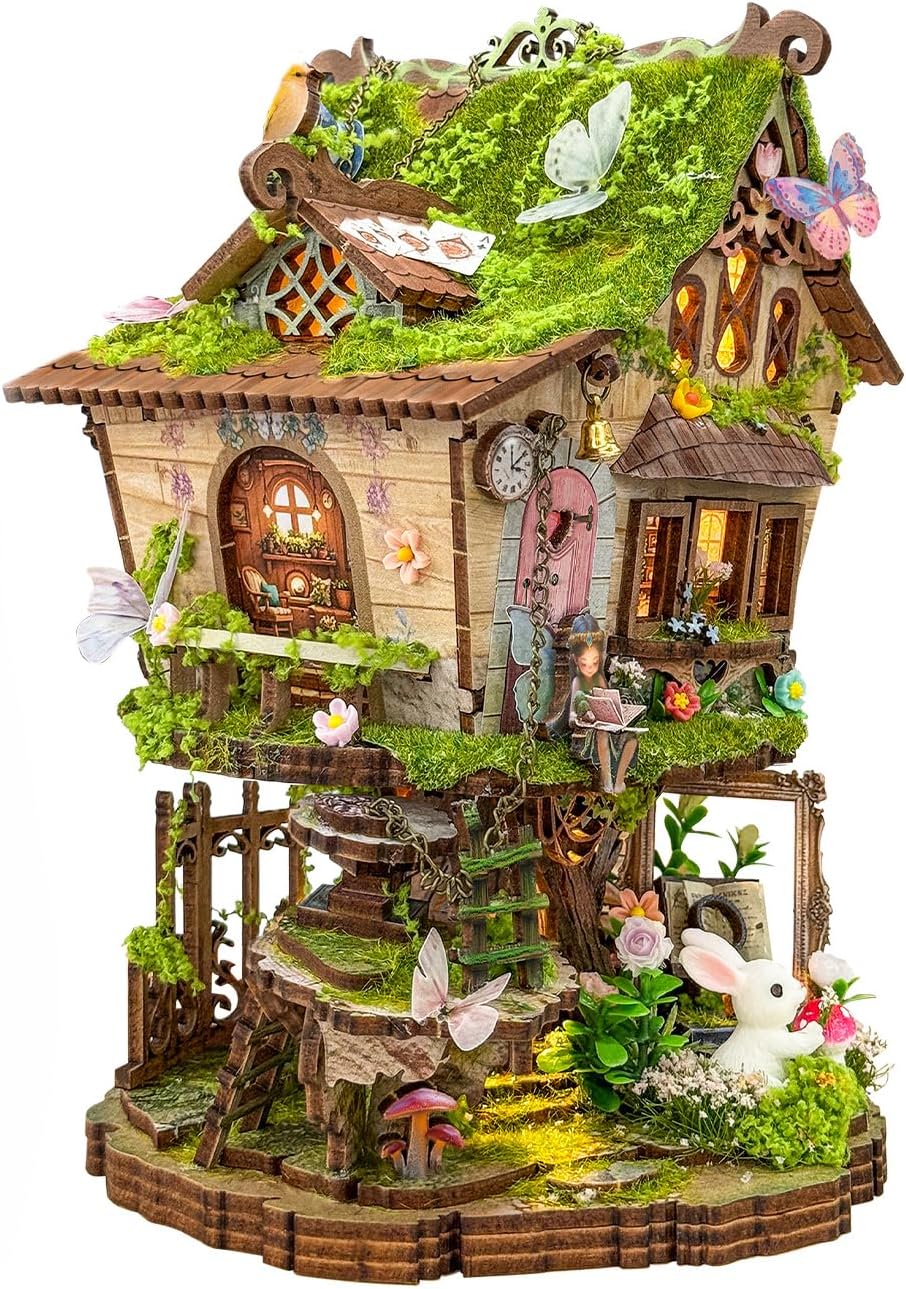 Kit de casa en miniatura, rompecabezas de madera 3D para adultos, rincón de libro, casa de árbol