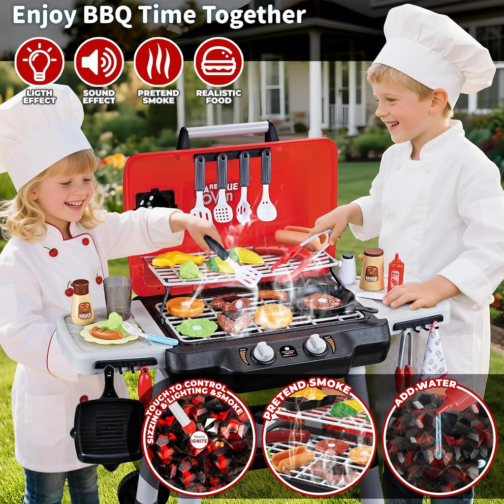 Juguetes de cocina para niños, juego de parrilla de barbacoa para niños con humo, sonido y luz, juguete de barbacoa de 2 niveles con rueda, juguetes de parrilla de juego al aire libre para niños