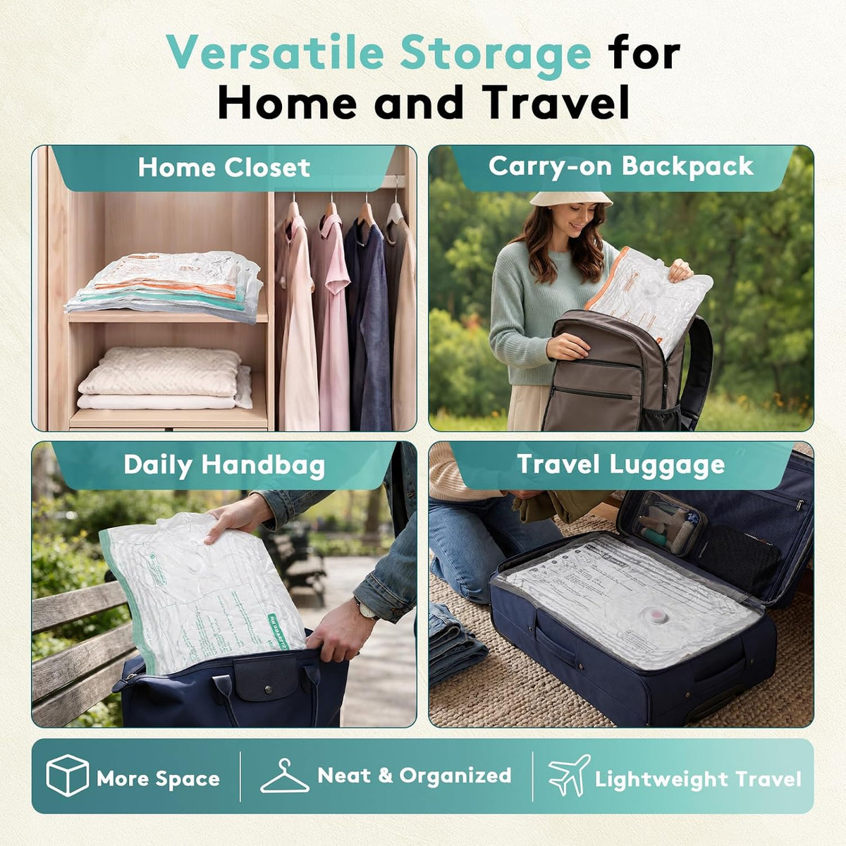 Paquete de 15 bolsas de vacío para viajes con bomba, bolsas de sellado al vacío inalámbricas para ropa de viaje, cubos de embalaje de compresión para equipaje, bolsas de almacenamiento al