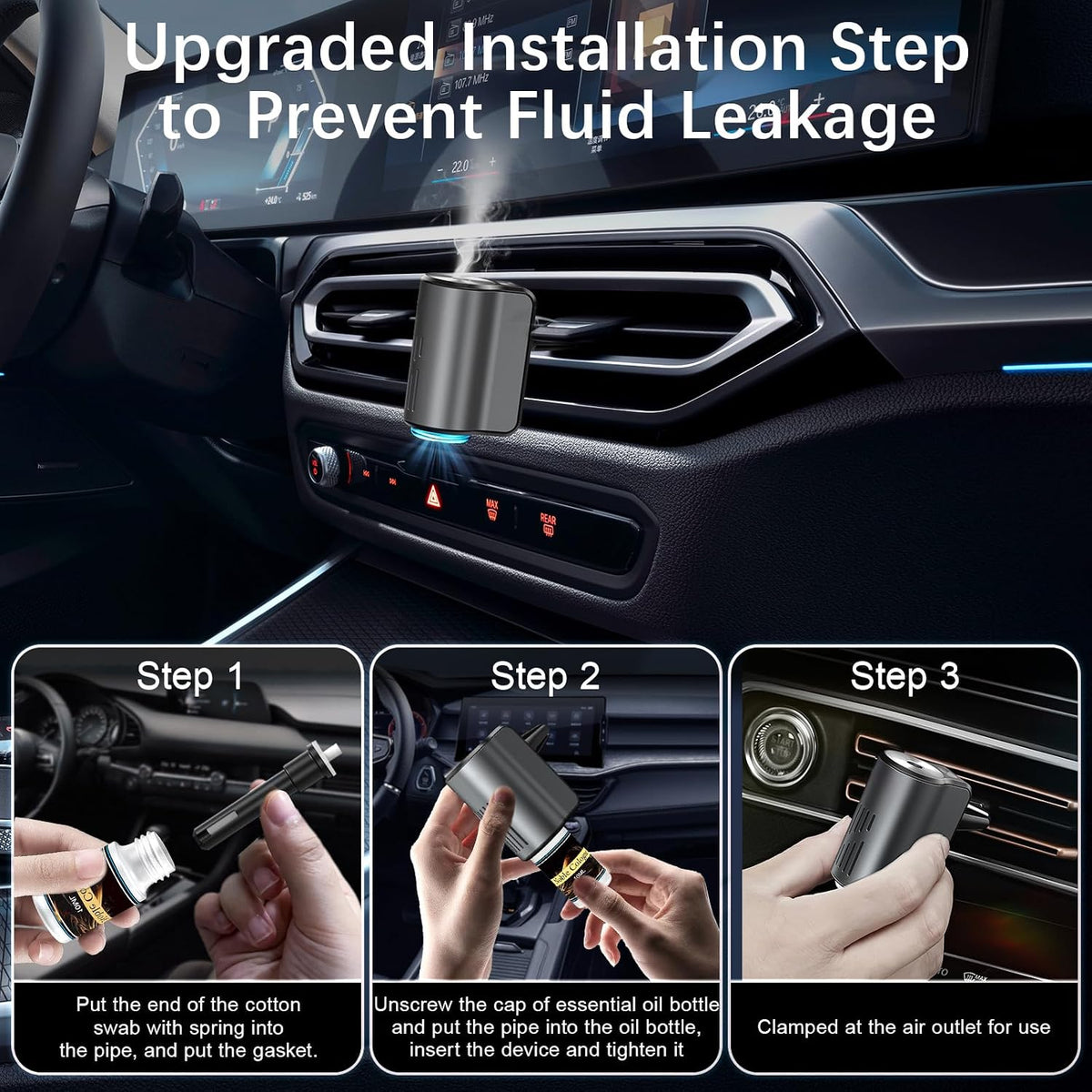 Difusor de ambientador de automóvil, ambientador inteligente para automóvil con tres modos de luz ajustables, aromatizante recargable para carro con 8 piezas de aceite esencial, de larga duración