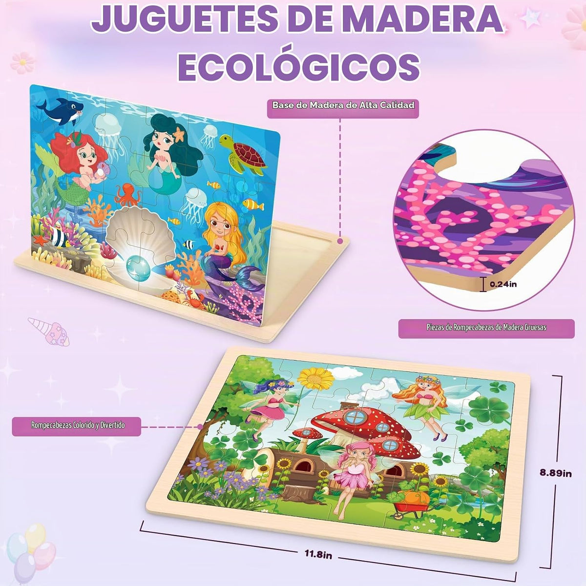 Rompecabezas para niños de 4 a 6 años, 4 paquetes de rompecabezas de madera para niños pequeños de 2 a 4 años, tableros educativos de rompecabezas de princesa, unicornio, sirena y hada para preescolar