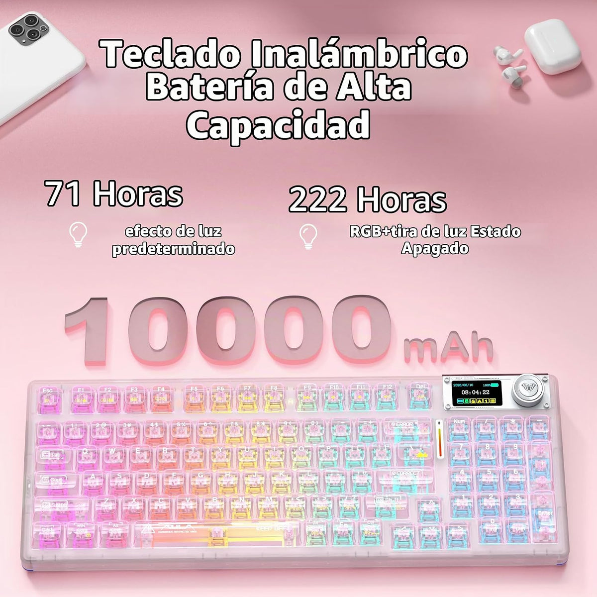 AULA F98 Pro V3 Teclado mecánico inalámbrico con pantalla y perilla...