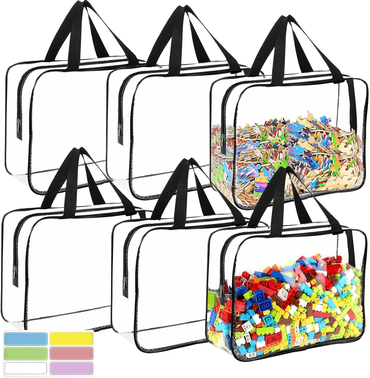 6 Paquetes de Bolsas Grandes para Almacenamiento de Juguetes con Etiquetas, Bolsas Transparentes Reutilizables de PVC para Juegos de Mesa, Bolsas Organizadoras Impermeables para Viaje con Cremallera