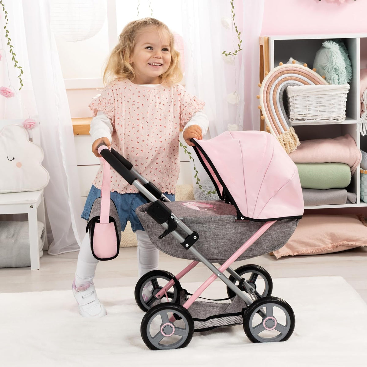 Bayer Set de Cochecito de Muñeca con Bolso - Carruaje Rosado para Muñecas de 18 Pulgadas