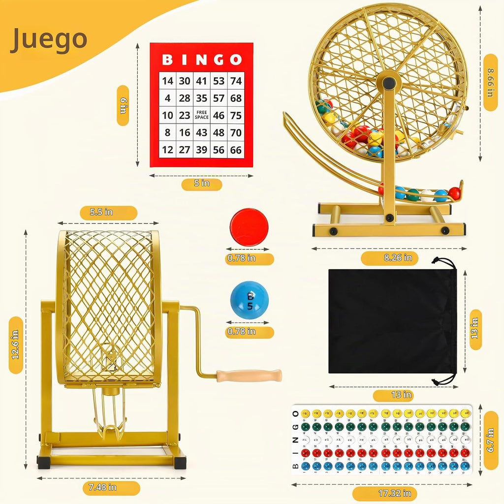 Juego de bingo de 12.6 pulgadas de alto con jaula de acero, juego de bingo profesional para adultos incluye 150 fichas coloridas, 30 tarjetas y 75 bolas, ideal para diversión familiar, grupos grandes, fiestas