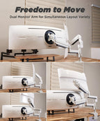 Brazo de monitor dual resistente para monitores ultraanchos de hasta 57 pulgadas y 44 libras, soporte de monitor doble para monitor doble de 49 pulgadas vertical apilado en altura ajustable - Montaje VESA de 100 x 100, blanco, MA20PW-D