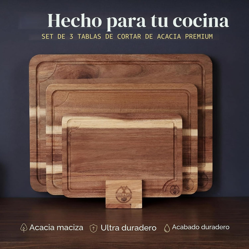 Juego de tablas de cortar de acacia de 3 piezas no tóxicas con soporte