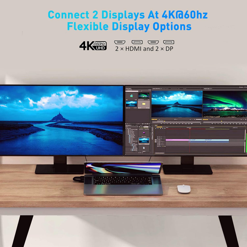 Hyper Estación de acoplamiento multipantalla para unidad – Diseño de ajuste de forma para MacBook de 13 a 14 pulgadas, HDMI 4K dual, 2 DP, Gigabit Ethernet, 3 USB-A, USB-C PD 100W, MicroSD/SD, 2 USB C