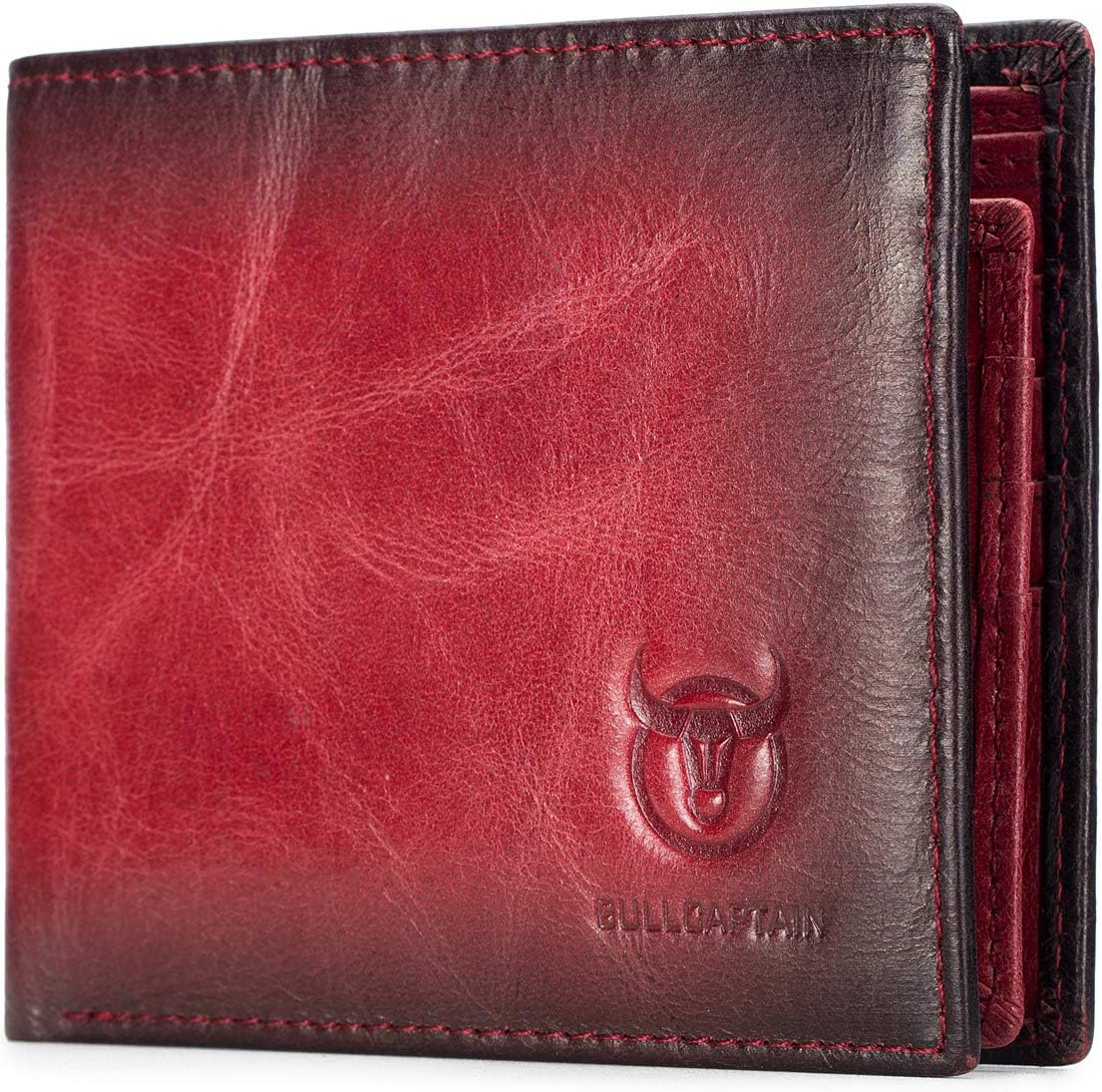 BULLCAPTAIN Carteras RFID para hombre, cartera de cuero genuino QB-05, Carmesí