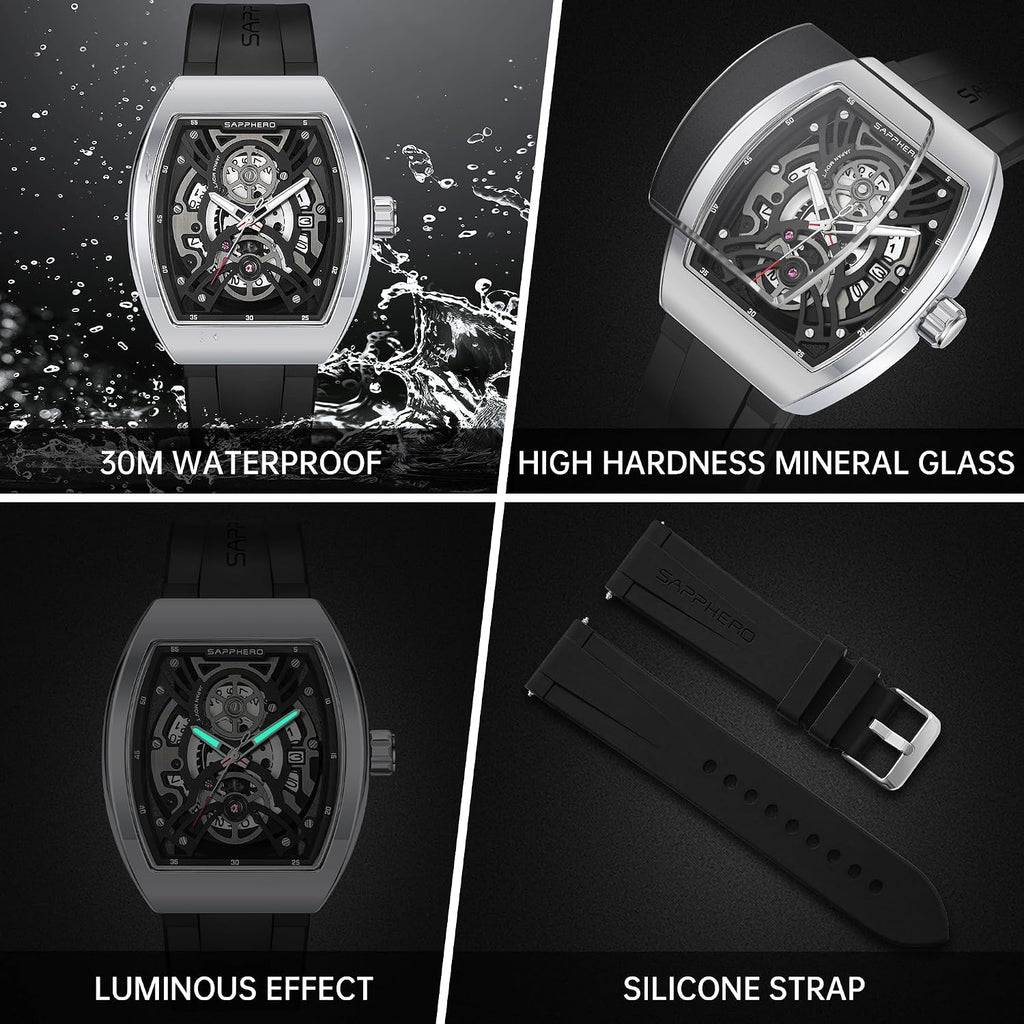 SAPPHERO Reloj para hombre, esfera de esqueleto Tonneau, caja de acero inoxidable, movimiento de cuarzo japonés, correa de silicona, reloj de pulsera deportivo y de moda, resistente a los 30M, fecha