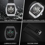 SAPPHERO Reloj para hombre, esfera de esqueleto Tonneau, caja de acero inoxidable, movimiento de cuarzo japonés, correa de silicona, reloj de pulsera deportivo y de moda, resistente a los 30M, fecha