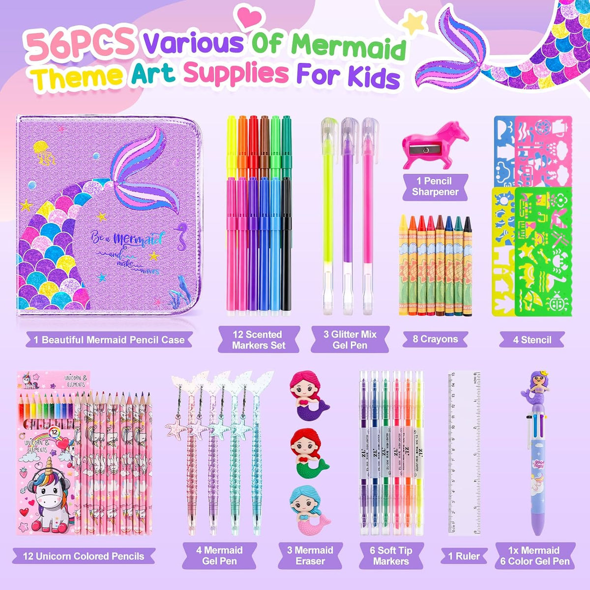 MAIGOZON 56 Pcs Marcadores Aromáticos para Arte para Niños 4-8, Regalo de Juguete de Sirena