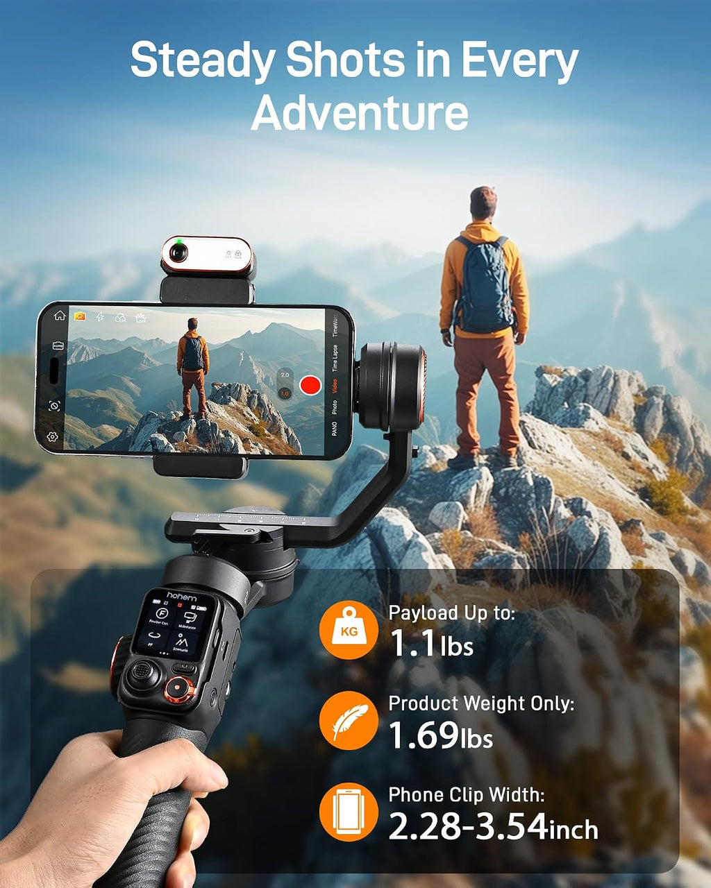 hohem iSteady M7 - Estabilizador de cardán para iPhone, cardán de teléfono con seguimiento AI, control remoto de pantalla táctil desmontable de 1.4 pulgadas, barra de extensión integrada, luz de
