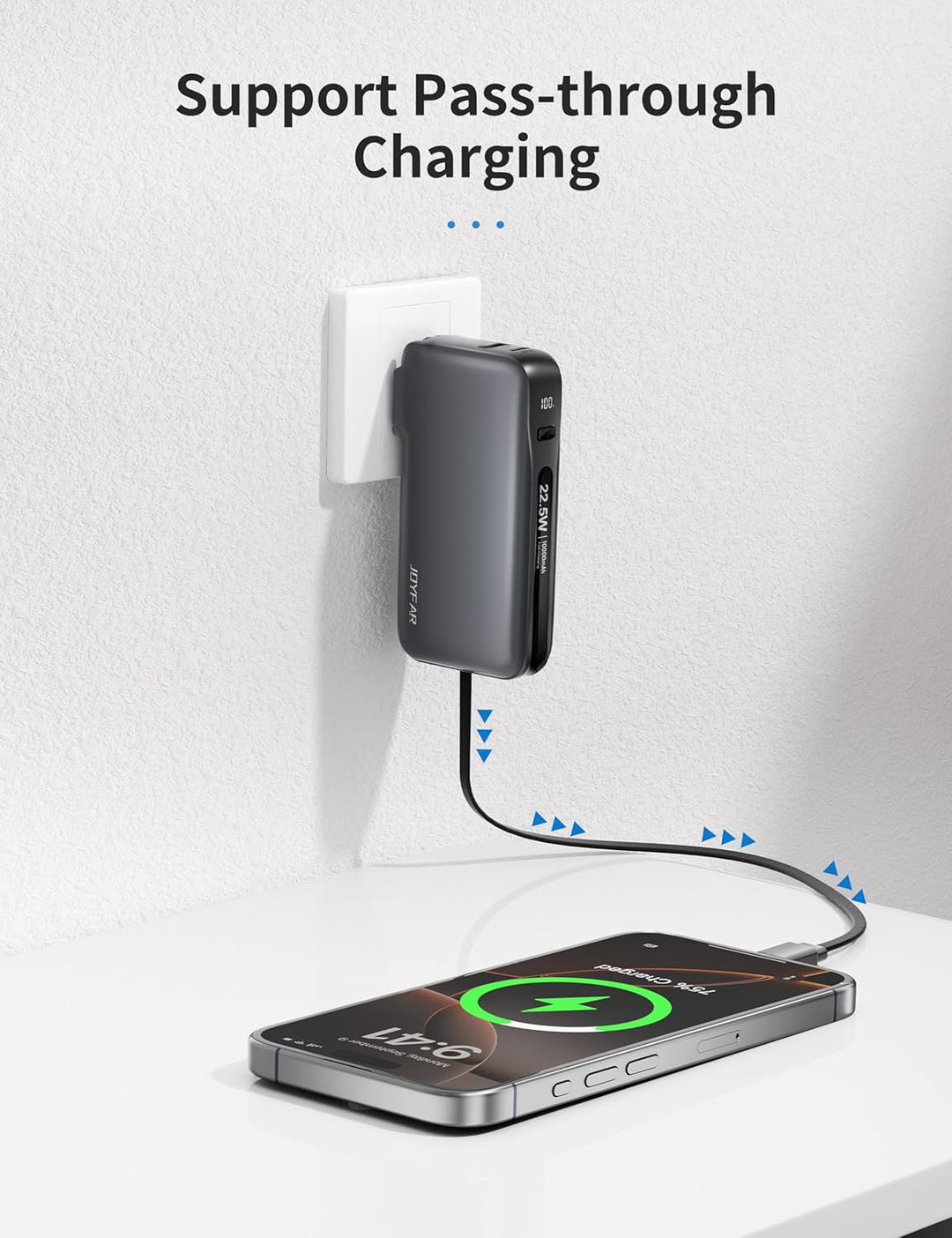 JOYFAR Cargador portátil de 22.5 W con cable USB-C integrado y ench...