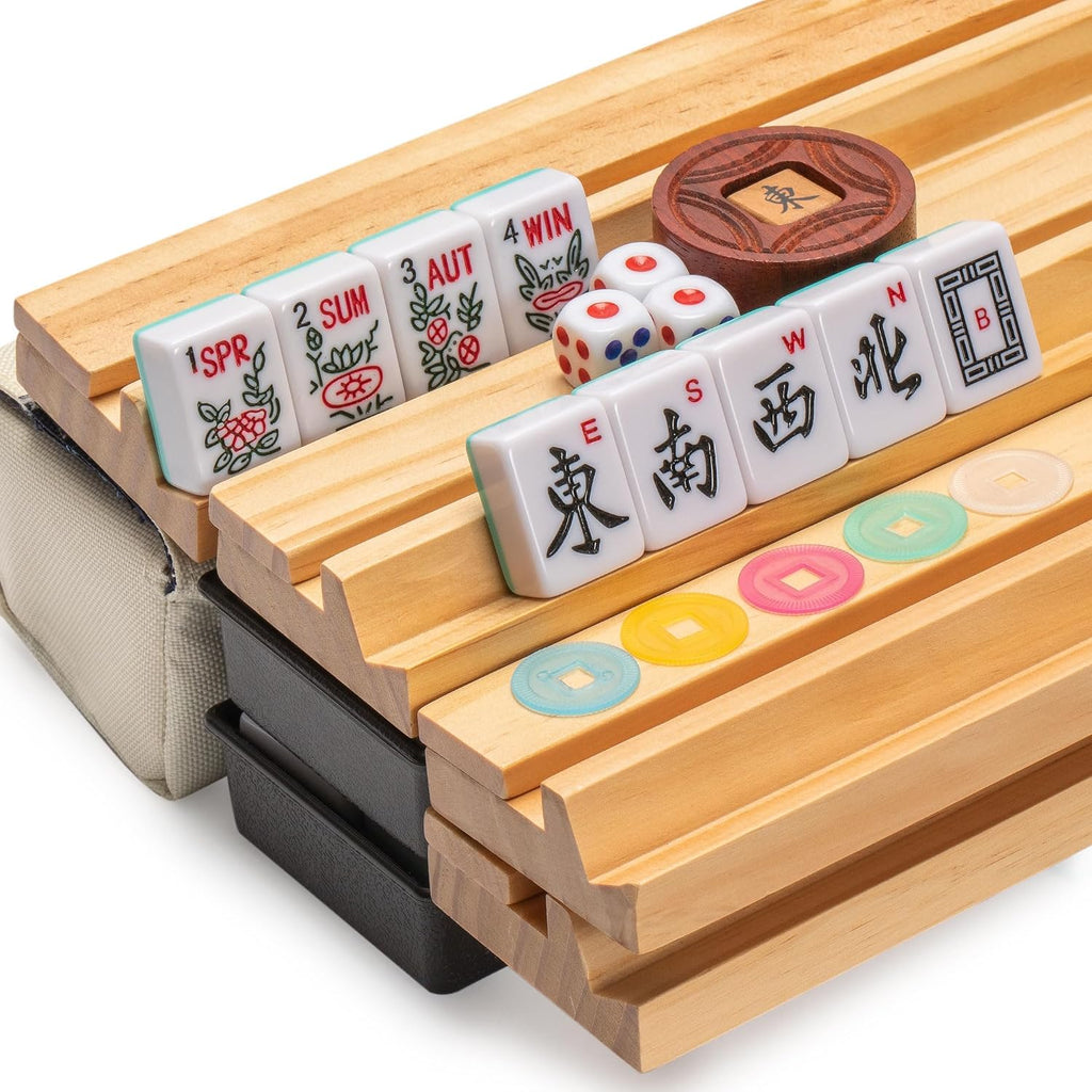 Yellow Mountain Imports American Mahjong Set, Harbor Mint con bolsa de lona beige y azul, 4 estantes todo en uno con empujadores, monedas de puntuación Wright Patterson, dados e indicador de viento