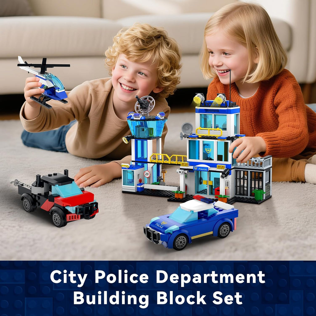 BUILDIFY Juego de bloques de construcción de la estación de policía de la ciudad con luz, 634 kits de estación de HQ con helicóptero, coche de policía y motocicleta. Ideal como regalo coleccionable de cumpleaños para más de 6 fanáticos, niños y niñas