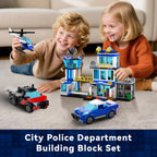 BUILDIFY Juego de bloques de construcción de la estación de policía de la ciudad con luz, 634 kits de estación de HQ con helicóptero, coche de policía y motocicleta. Ideal como regalo coleccionable de cumpleaños para más de 6 fanáticos, niños y niñas