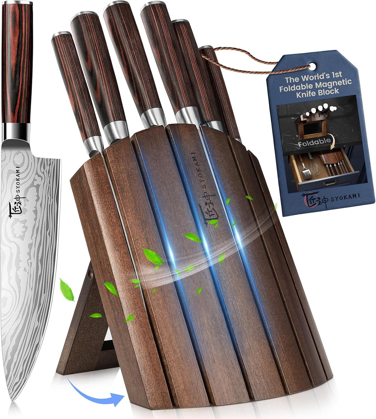 Juego de Cuchillos de Cocina Actualizado 2026, Bloque Plegable Magnético de Madera de Acacia