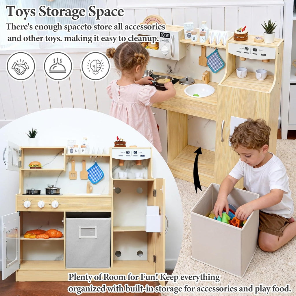 Cocina de madera para niños con caja de almacenamiento y 18