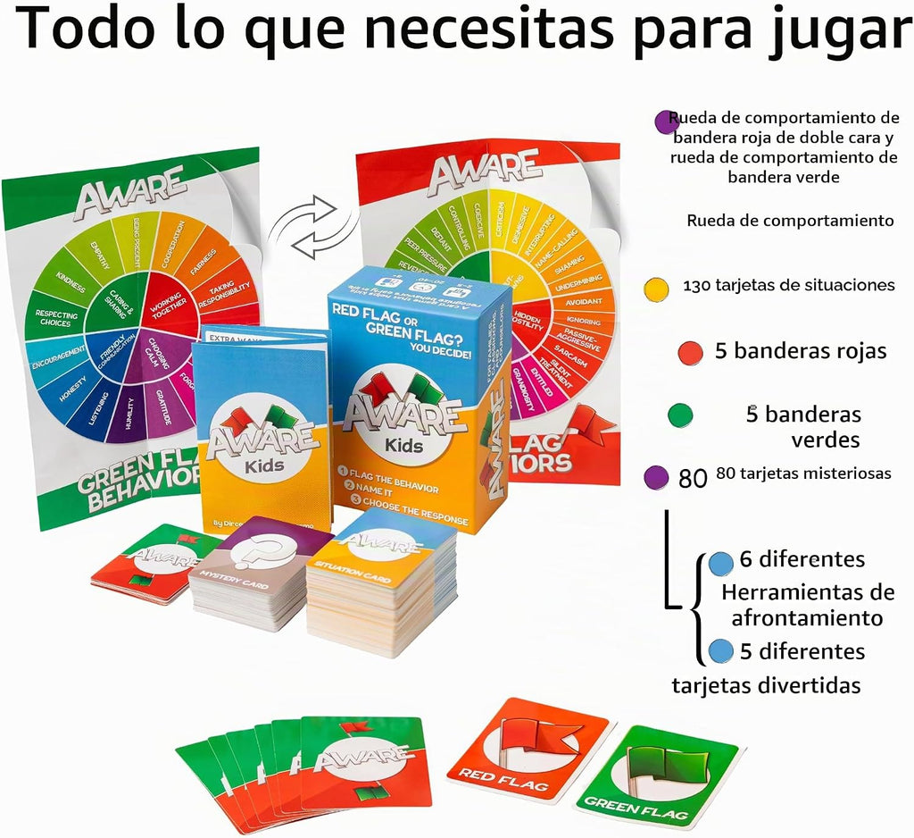 AWARE Juego de cartas para niños: aprende a detectar comportamientos de bandera roja y bandera verde a través del juego | Enseña comportamientos saludables vs no saludables | Edades 8 a 12 | Uso